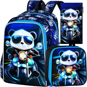 3PCS Backpack for Boys, 16'' Kids Panda Preschool Bookbag with Lunch Box, Cool Animal Water Resistant School Backpacks for Elementary Kindergarten Travel