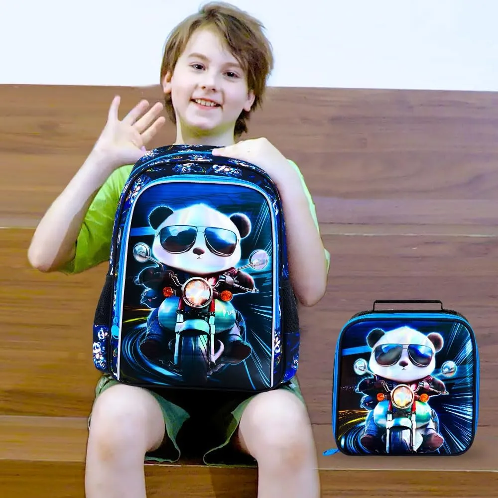 3PCS Backpack for Boys, 16'' Kids Panda Preschool Bookbag with Lunch Box, Cool Animal Water Resistant School Backpacks for Elementary Kindergarten Travel