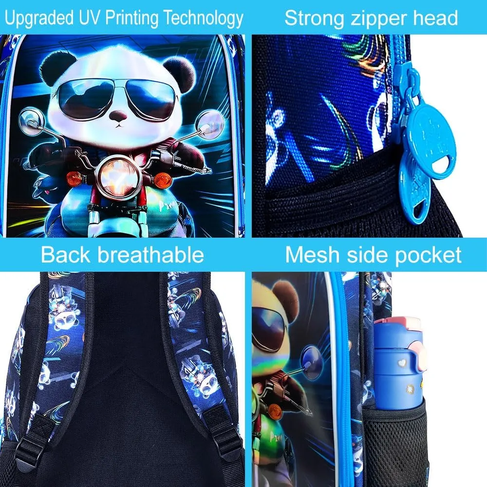 3PCS Backpack for Boys, 16'' Kids Panda Preschool Bookbag with Lunch Box, Cool Animal Water Resistant School Backpacks for Elementary Kindergarten Travel