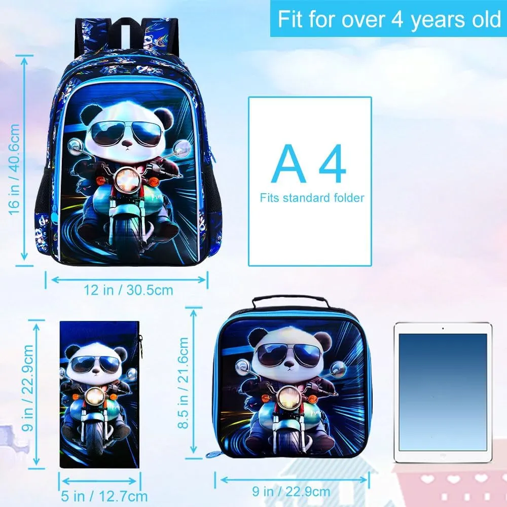 3PCS Backpack for Boys, 16'' Kids Panda Preschool Bookbag with Lunch Box, Cool Animal Water Resistant School Backpacks for Elementary Kindergarten Travel