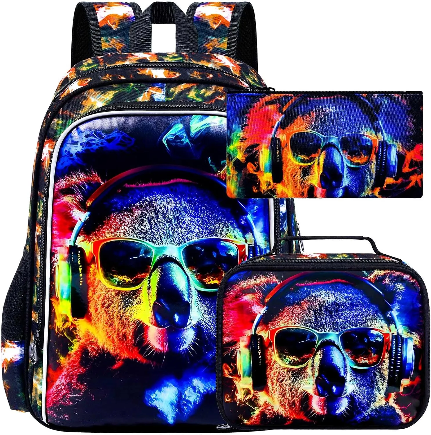3PCS Boys Koala Bookbag, Water Resistant Kids Backpack with Lunch Box, 17" School Bag Set for Teenagers Middle Elementary - Sunglasses Koala