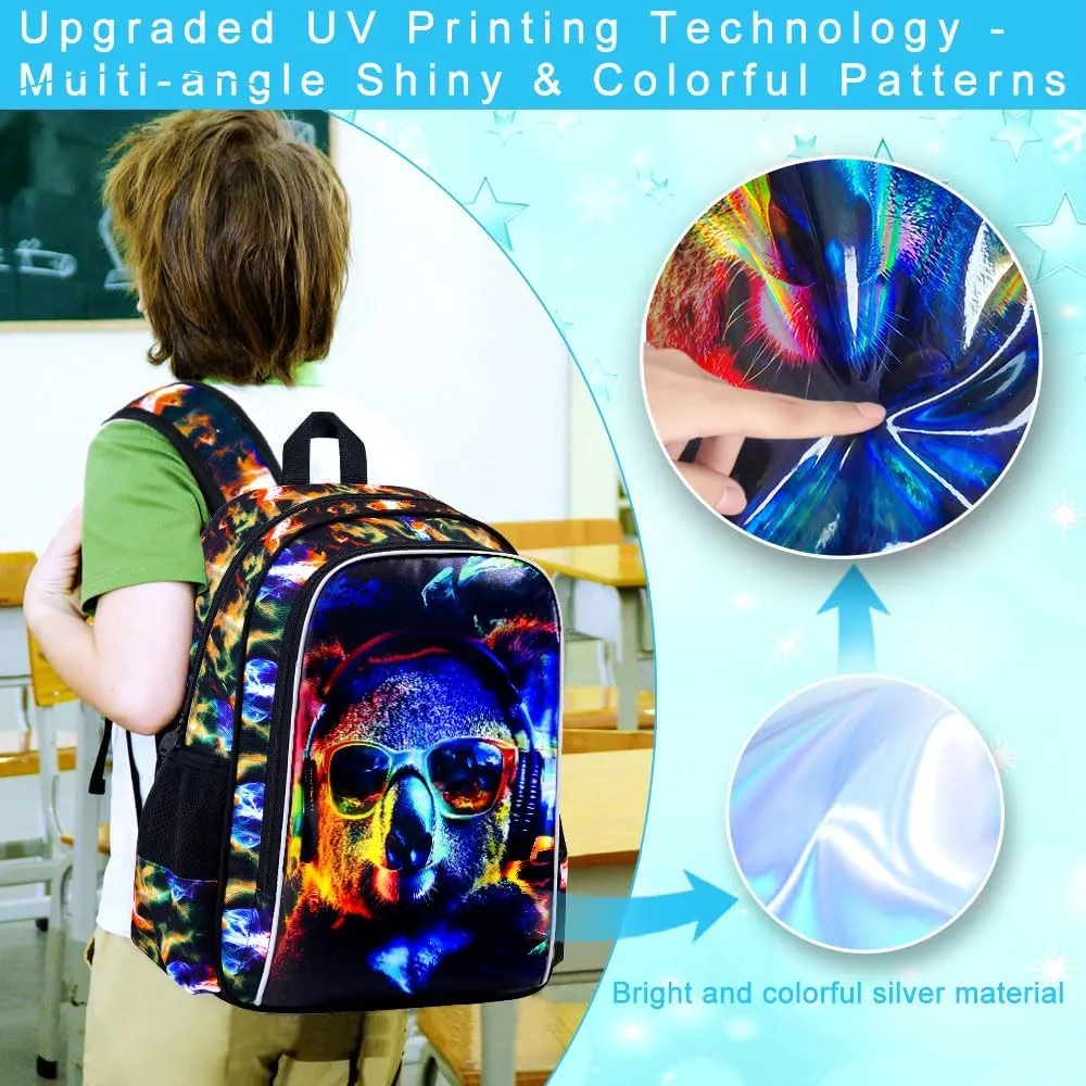 3PCS Boys Koala Bookbag, Water Resistant Kids Backpack with Lunch Box, 17" School Bag Set for Teenagers Middle Elementary - Sunglasses Koala
