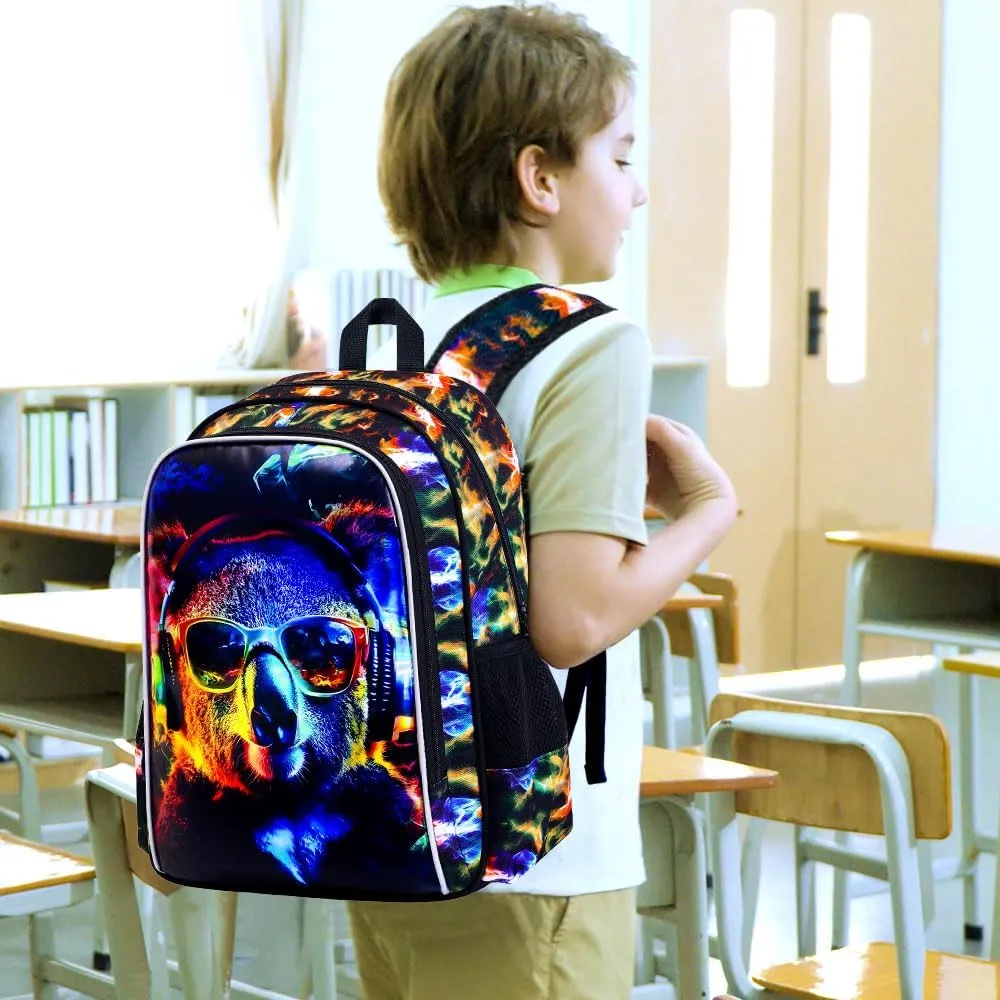 3PCS Boys Koala Bookbag, Water Resistant Kids Backpack with Lunch Box, 17" School Bag Set for Teenagers Middle Elementary - Sunglasses Koala