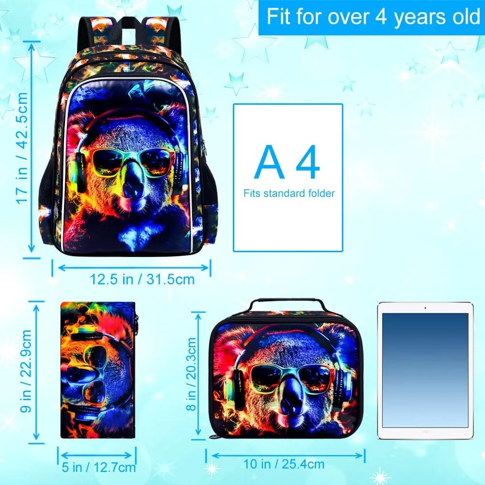 3PCS Boys Koala Bookbag, Water Resistant Kids Backpack with Lunch Box, 17" School Bag Set for Teenagers Middle Elementary - Sunglasses Koala