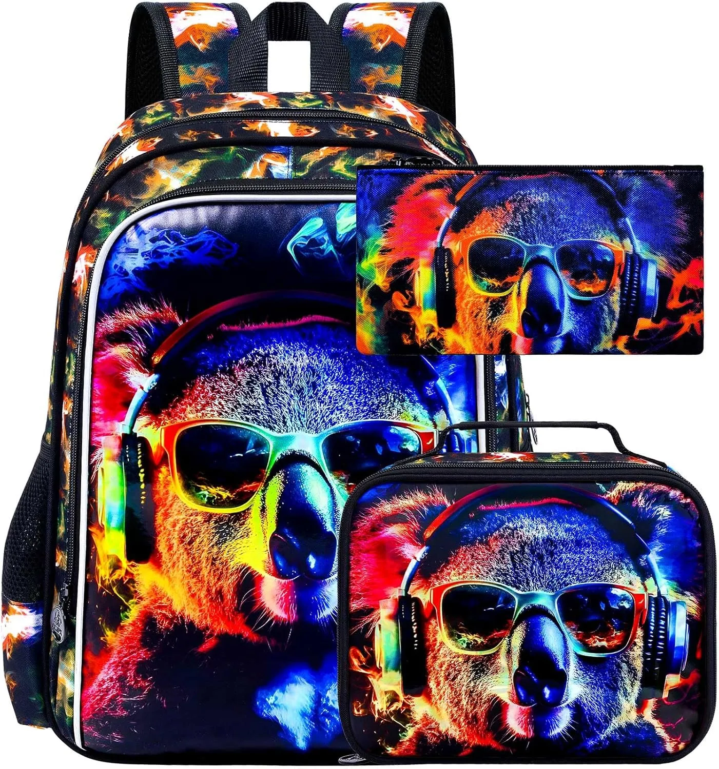 3PCS Boys Koala Bookbag, Water Resistant Kids Backpack with Lunch Box, 17" School Bag Set for Teenagers Middle Elementary - Sunglasses Koala