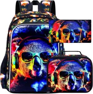 3PCS Boys Koala Bookbag, Water Resistant Kids Backpack with Lunch Box, 17" School Bag Set for Teenagers Middle Elementary - Sunglasses Koala