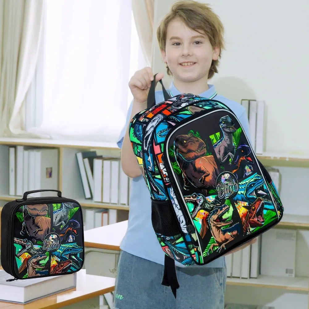 3PCS Dinosaur Backpack for Boys, 16 Inch Kids Water Resistant Preschool Elementary Kindergarten Bookbags and Lunch Box
