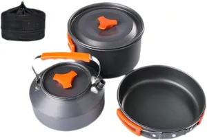 3Pcs Portable Cooking Set with Carry Bag for 2-3 People Camping Cookware Pot Pan Kettle for Outdoor BBQ