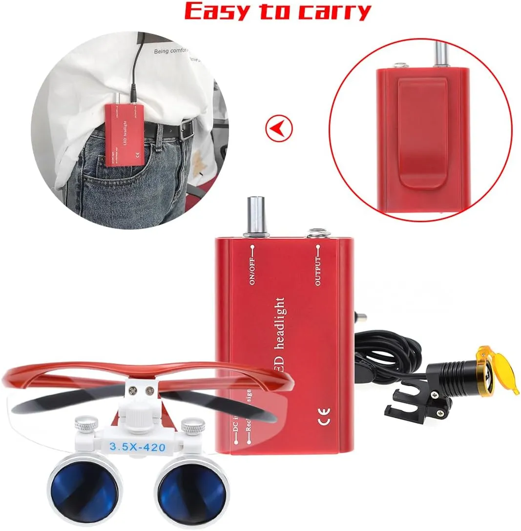 3W LED Headlight Belt Clip Plastic Headlamp with Filter 3.5X Binocular Magnifiers Magnifying Glasses Stylish Loupes Aluminum Suitcase (Red)