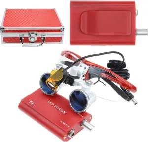 3W LED Headlight Belt Clip Plastic Headlamp with Filter 3.5X Binocular Magnifiers Magnifying Glasses Stylish Loupes Aluminum Suitcase (Red)