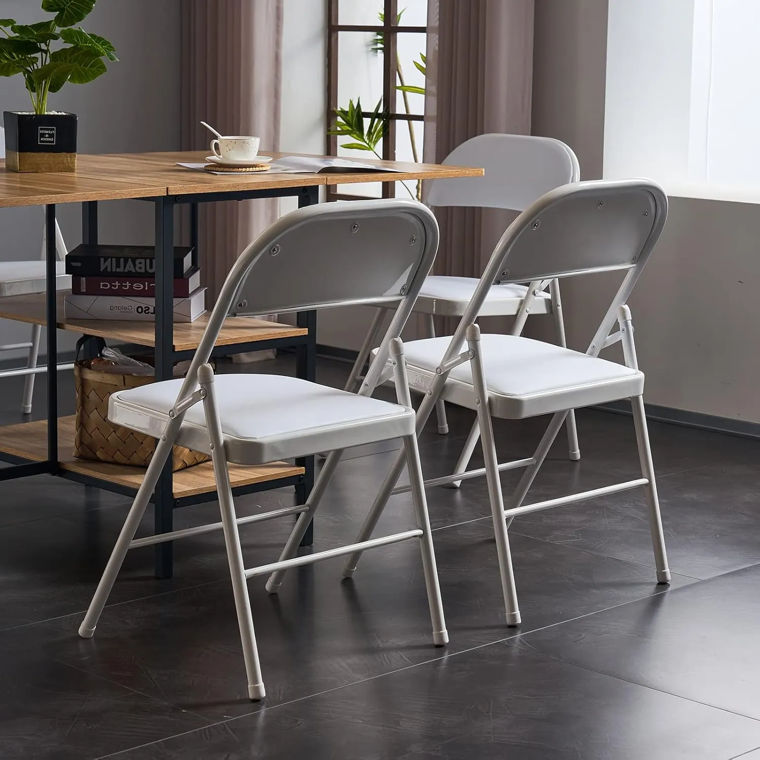 4 Pack Folding Chairs with Padded Seats and Back, Plastic Foldable Chairs with Steel Frame and Cushion, Padded Folding Chairs Set of 4 for Indoor, Outdoor, Event, Party, Office (White)
