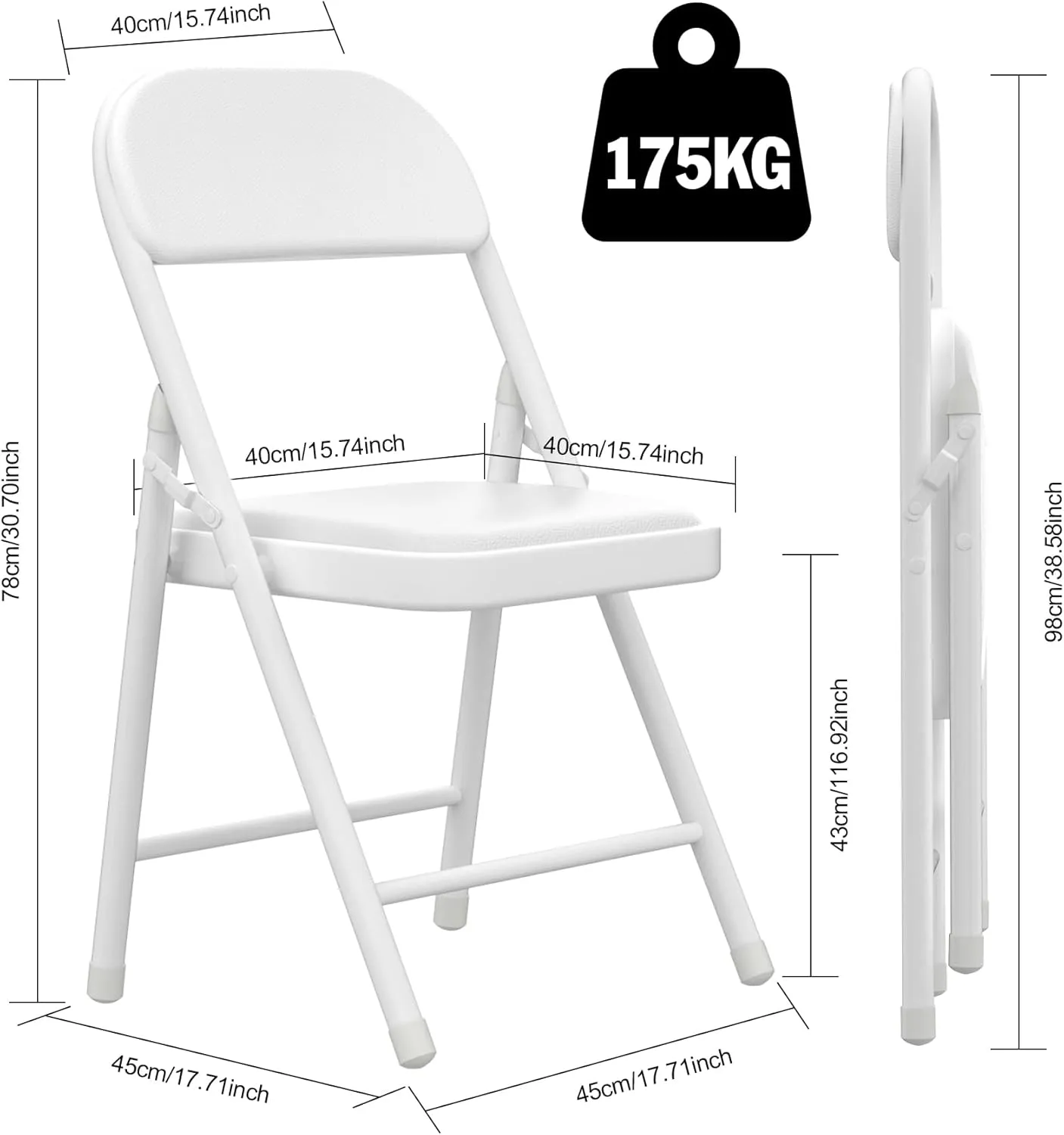 4 Pack White Folding Chairs with Padded Cushion, Portable Stackable Foldable Chair for Indoor Outdoor, Commercial Seat with Metal Frame for Home Office Events Wedding Party (4, White)