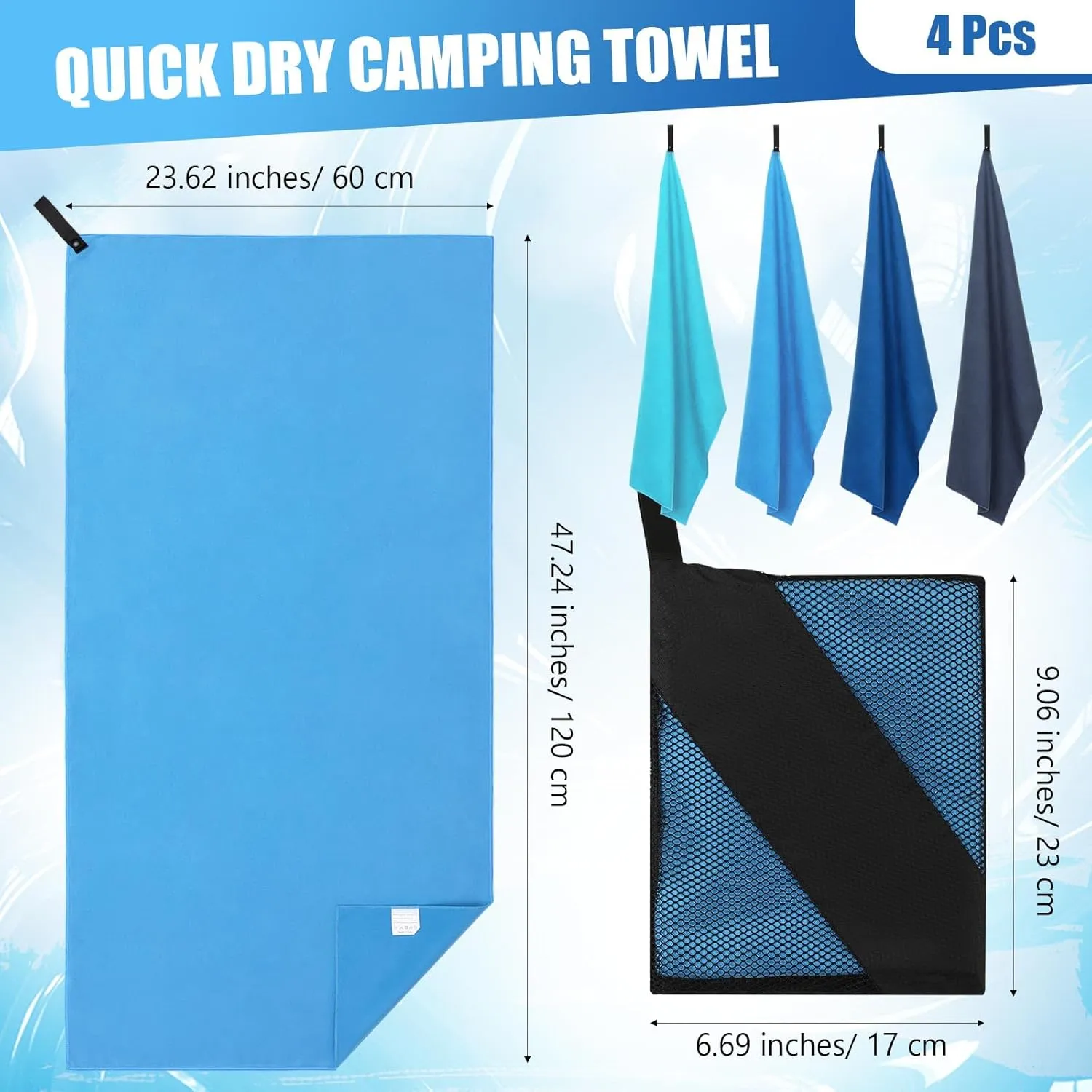 4 Pcs Quick Dry Camping Towel Absorbent Microfiber Travel Towel 47.24'' X 23.62'' Travel Wash Cloth Set for Backpacking Camping Beach Gym Sports Yoga Swimming Pool