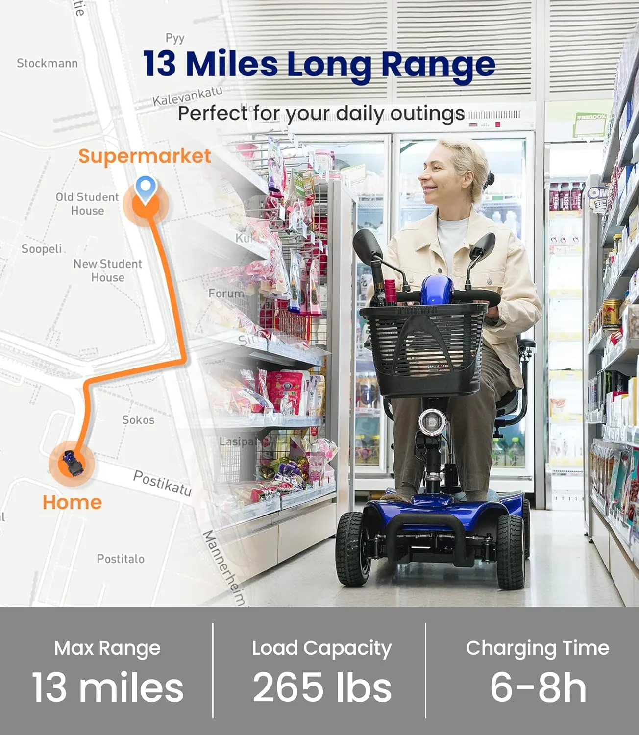 4 Wheel Mobility Scooter, Electric Powered Chargeable Electric Mobility Scooters, Heavy Duty Foldable Motorized Scooter with Headlight, Basket, Charger, FSA/HSA Eligible, D41 (Blue)