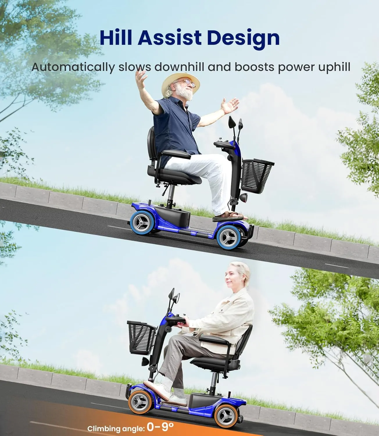 4 Wheel Mobility Scooter, Electric Powered Chargeable Electric Mobility Scooters, Heavy Duty Foldable Motorized Scooter with Headlight, Basket, Charger, FSA/HSA Eligible, D41 (Blue)