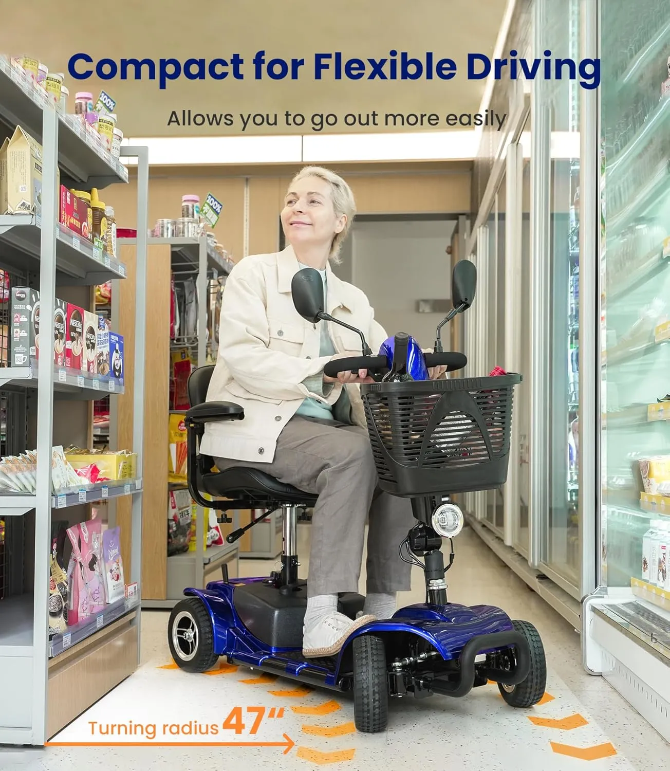 4 Wheel Mobility Scooter, Electric Powered Chargeable Electric Mobility Scooters, Heavy Duty Foldable Motorized Scooter with Headlight, Basket, Charger, FSA/HSA Eligible, D41 (Blue)