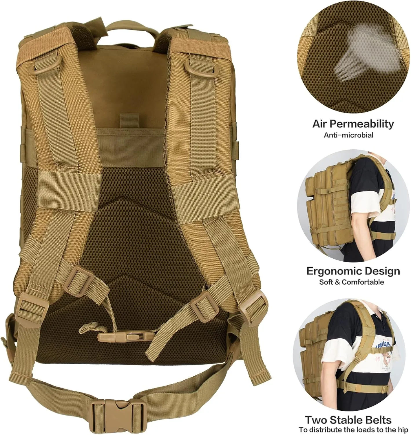 45L Military Tactical Backpacks For Men Trekking Daypack Bug Out Bag Lage MOLLE 3 Day Assault Pack Camping Hiking - Khaki Pack