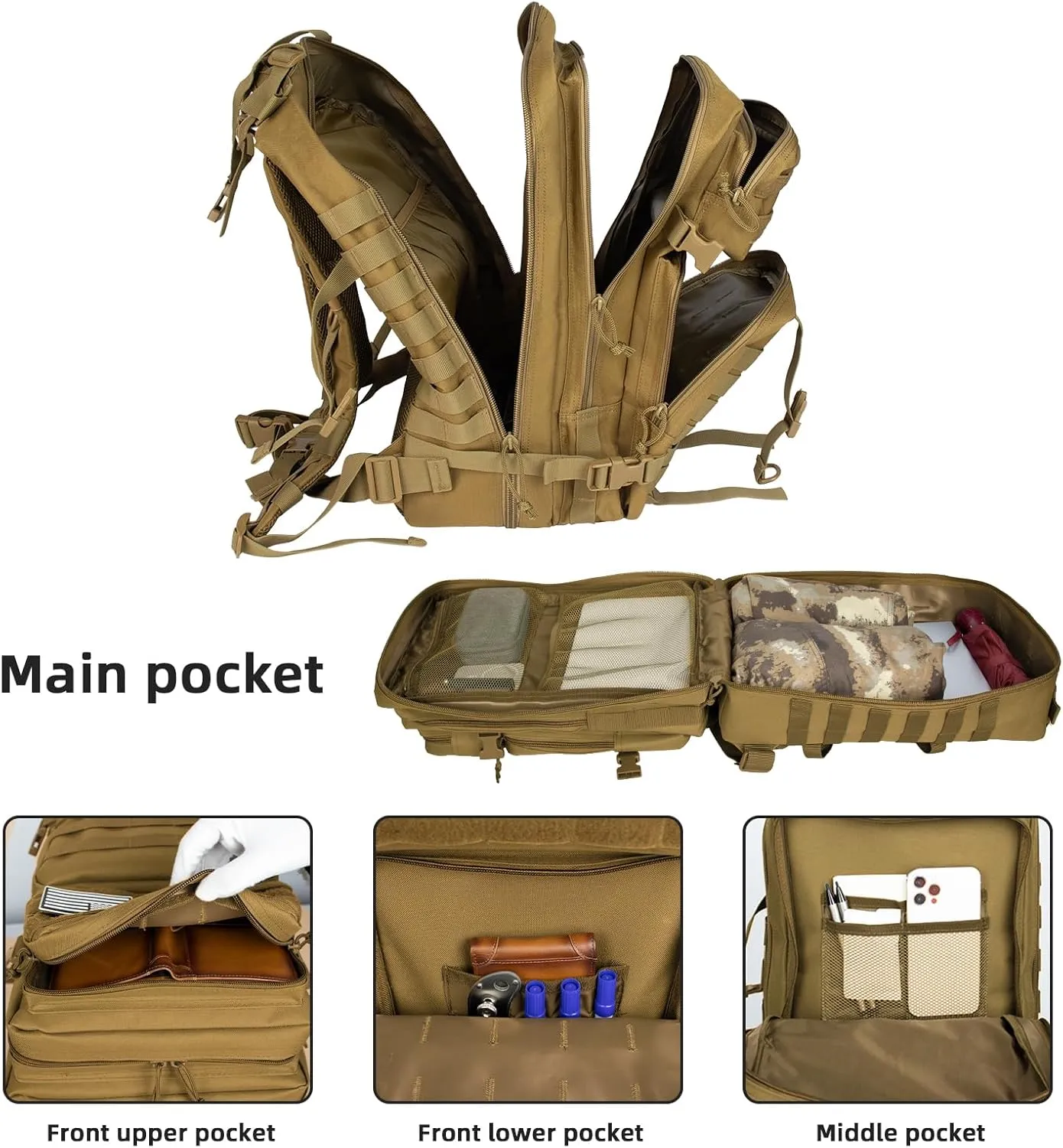 45L Military Tactical Backpacks For Men Trekking Daypack Bug Out Bag Lage MOLLE 3 Day Assault Pack Camping Hiking - Khaki Pack