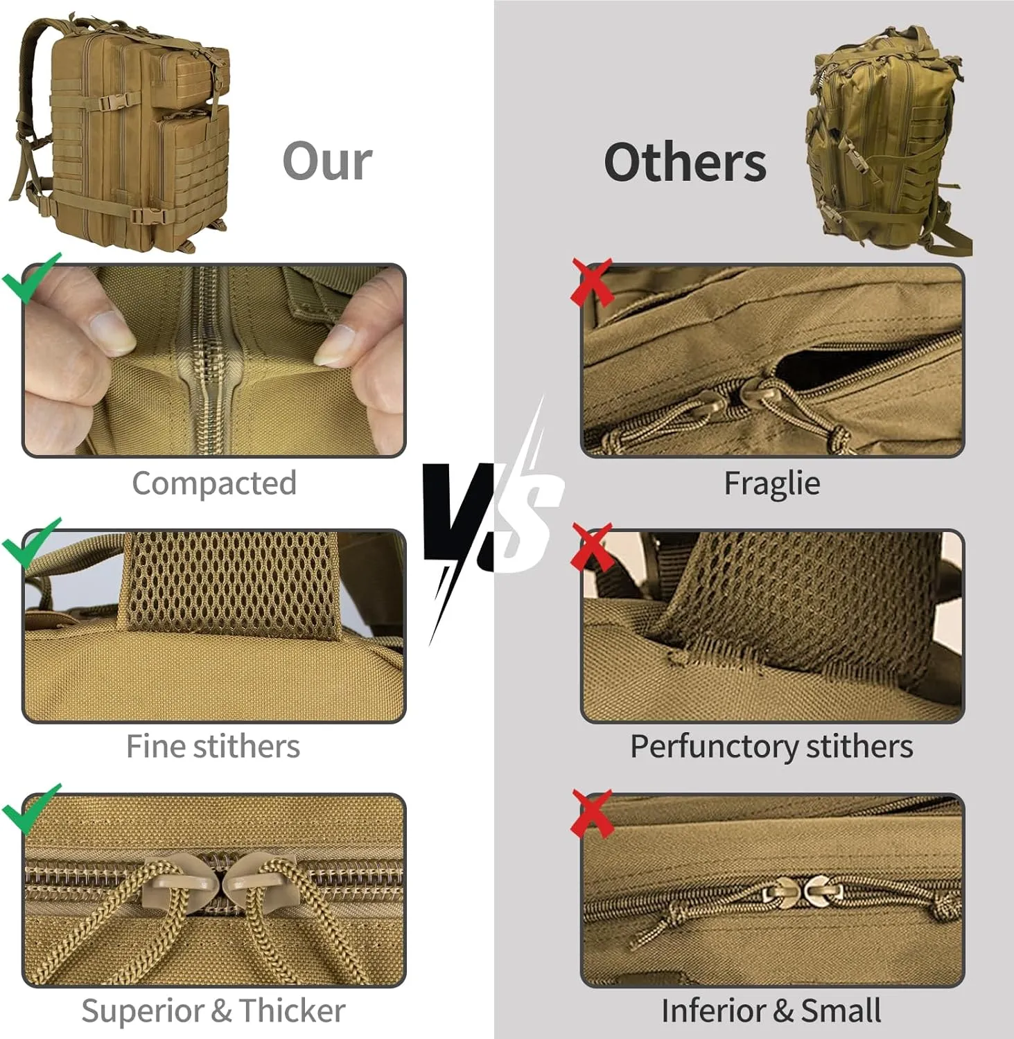 45L Military Tactical Backpacks For Men Trekking Daypack Bug Out Bag Lage MOLLE 3 Day Assault Pack Camping Hiking - Khaki Pack