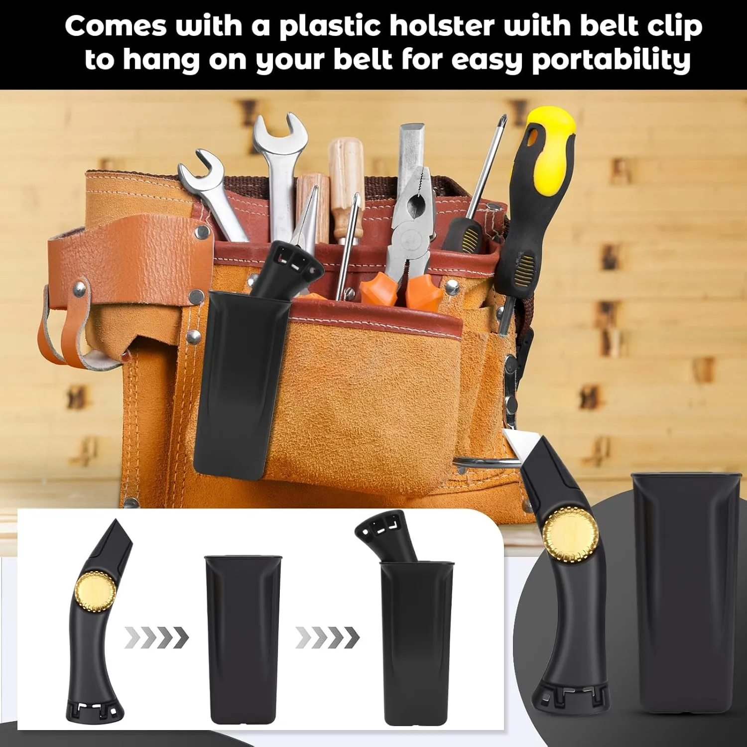 4PCS Black Fixed Blade Roofing Knife, Heavy Duty Utility Knife for Drywall, Vinyl, Carpet Cutting, Metal Roofing Tools with Portable Storage Sheath, Replacement Blades, Navajas para Roofing