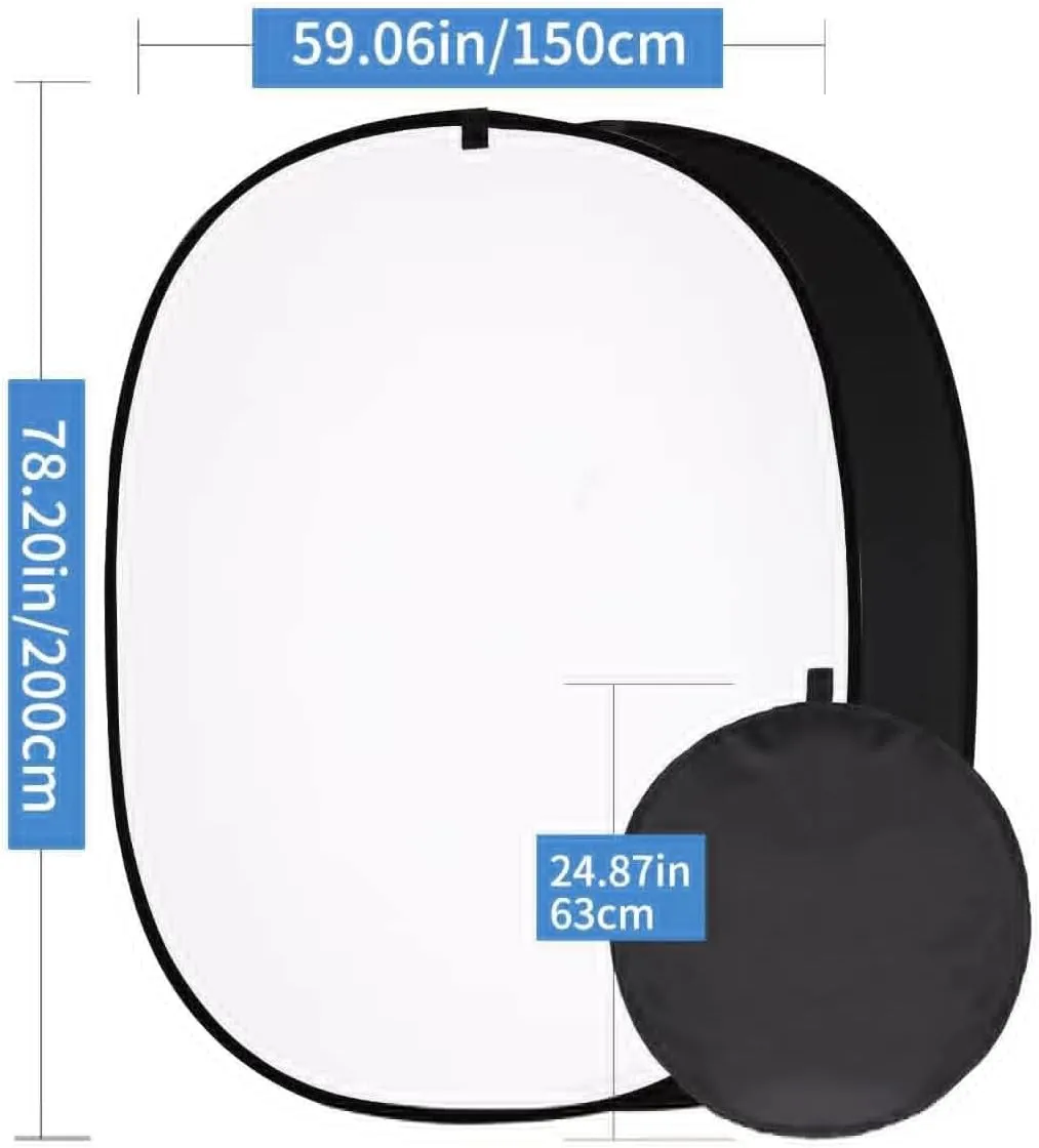 5 * 6.5 ft (2mX1.5m) 2 in 1 Polyester Muslin Black White Collapsible Reflector Backgrounds Portable Collapsible Reversible Photography Backdrop with Carrying Bag