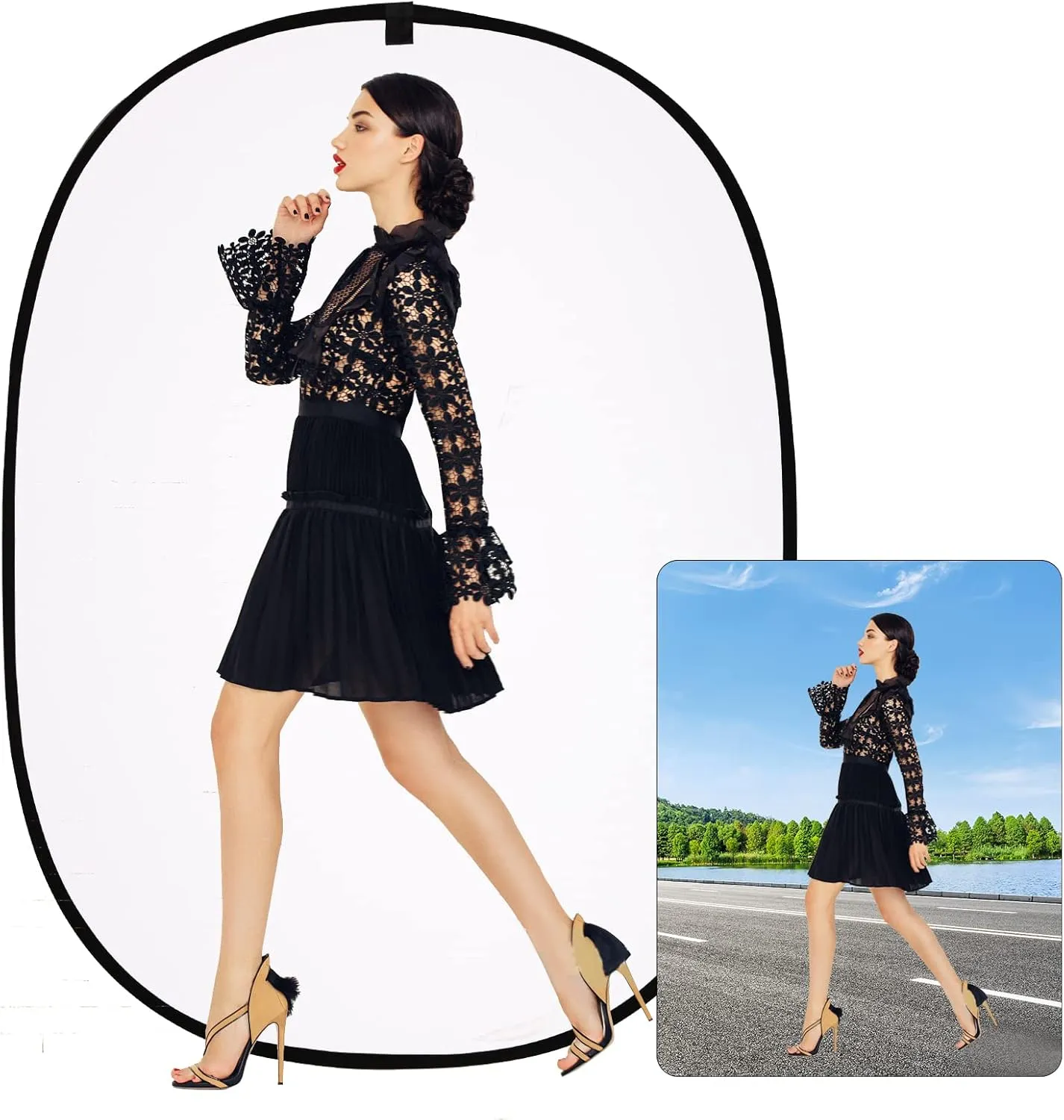 5 * 6.5 ft (2mX1.5m) 2 in 1 Polyester Muslin Black White Collapsible Reflector Backgrounds Portable Collapsible Reversible Photography Backdrop with Carrying Bag