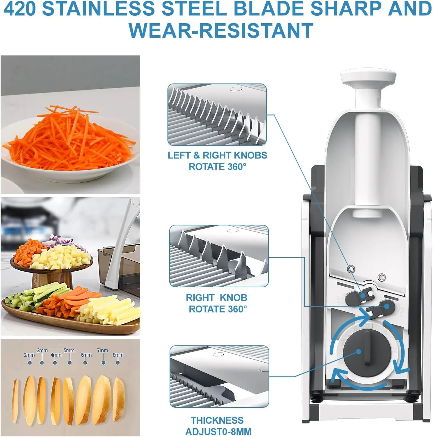 5 in 1 Mandoline Slicer for Kitchen, Safe Vegetable Chopper & Adjustable Mandoline Slicer. Easy to Clean, can't Detachable Blade, Vegetable Slicer can Cut Slicing, Strips,Shredding, Dicing,Chop