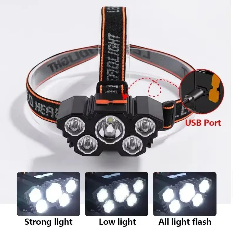 5 LED Flashlight, USB Rechargeable, Built-in 18650 Battery, 5W Strong Light, Headlamp for Camping, Adventure, and Fishing
