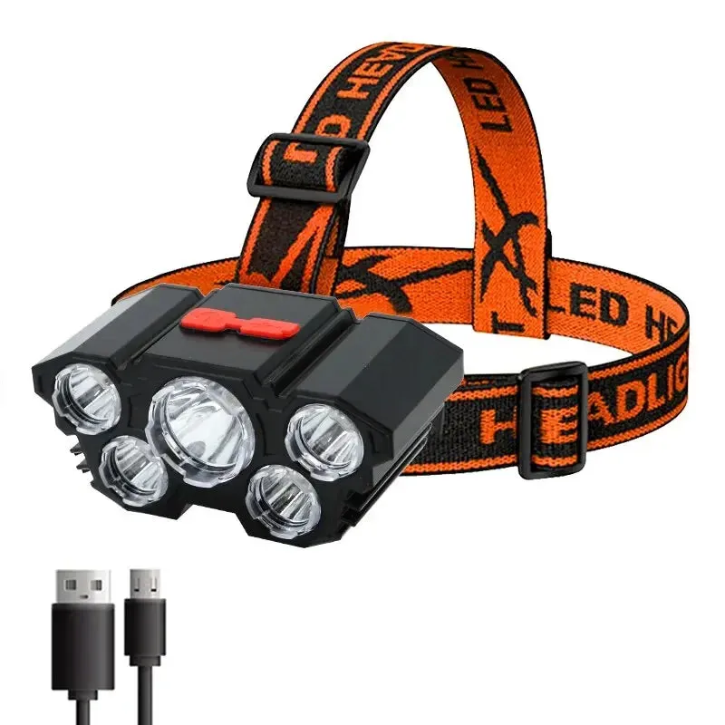 5 LED Flashlight, USB Rechargeable, Built-in 18650 Battery, 5W Strong Light, Headlamp for Camping, Adventure, and Fishing