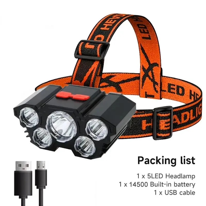 5 LED Flashlight, USB Rechargeable, Built-in 18650 Battery, 5W Strong Light, Headlamp for Camping, Adventure, and Fishing