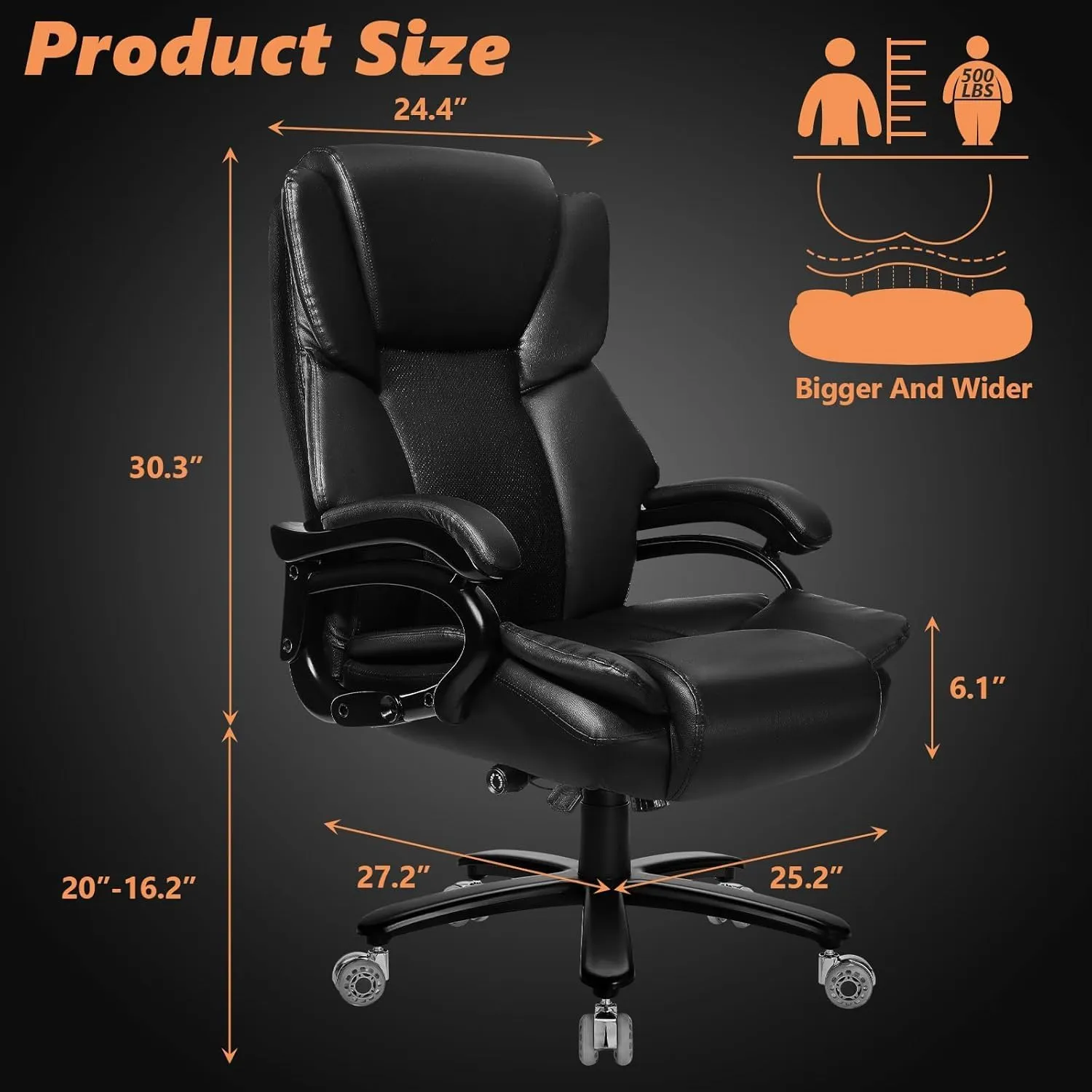 500lbs Big and Tall Office Chair with Gel Seat Cushion,Heavy Duty Office Chair for Heavy People, High Back Executive Computer Chair with Adjustable Lumbar Support, Dual Rubber Wheel