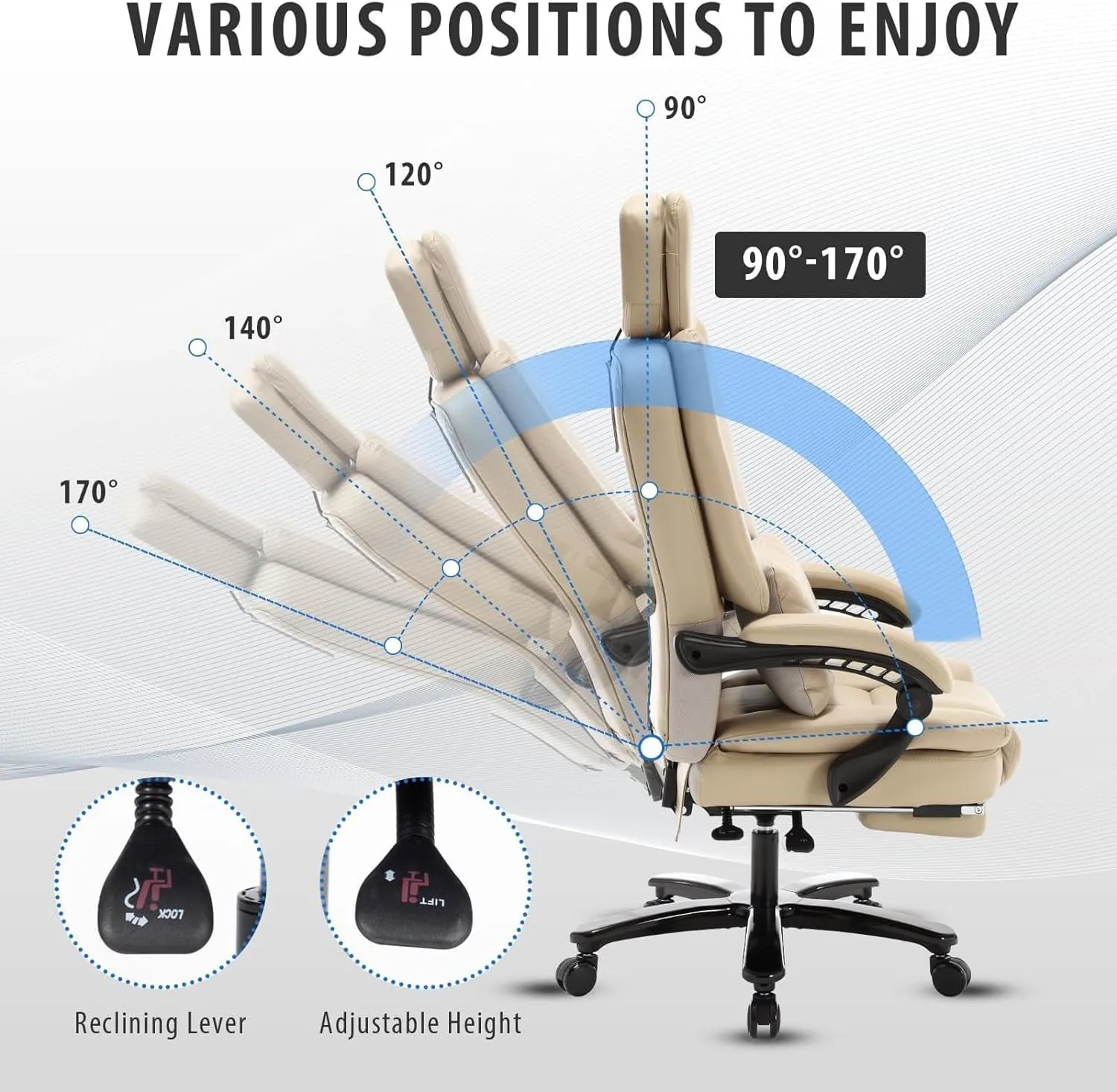 500lbs Big and Tall Reclining Office Desk Chair, Oversized Heavy Duty Executive Chairs with Lumbar Support, PU Leather Recliner Chairs with Footrest, High Back Ergonomic Home Office Desk Chair(Beige)