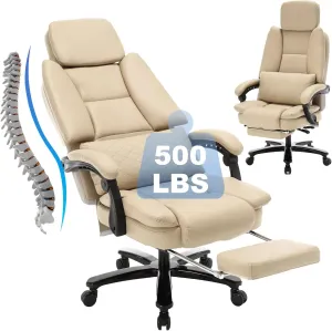 500lbs Big and Tall Reclining Office Desk Chair, Oversized Heavy Duty Executive Chairs with Lumbar Support, PU Leather Recliner Chairs with Footrest, High Back Ergonomic Home Office Desk Chair(Beige)