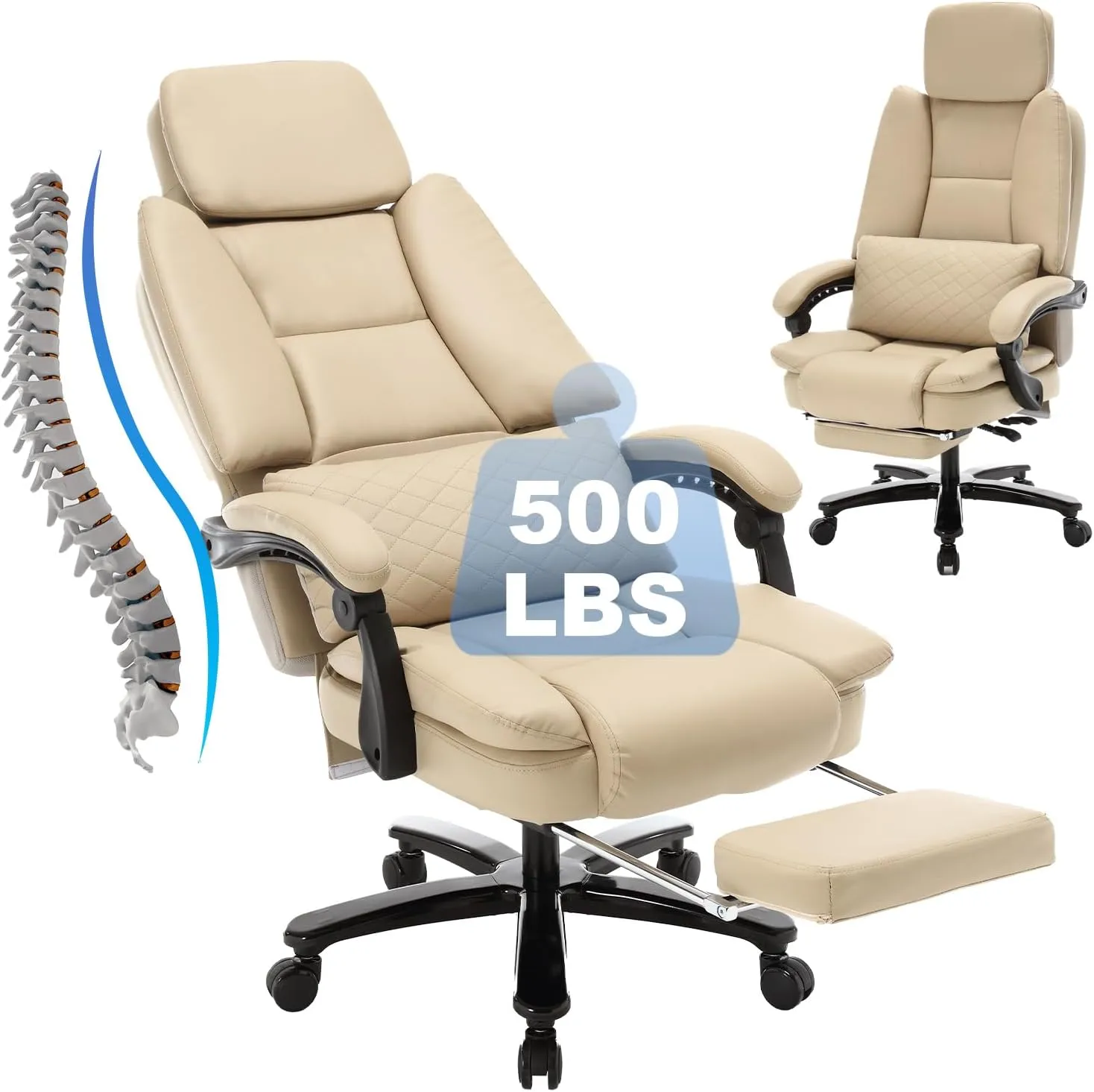 500lbs Big and Tall Reclining Office Desk Chair, Oversized Heavy Duty Executive Chairs with Lumbar Support, PU Leather Recliner Chairs with Footrest, High Back Ergonomic Home Office Desk Chair(Beige)