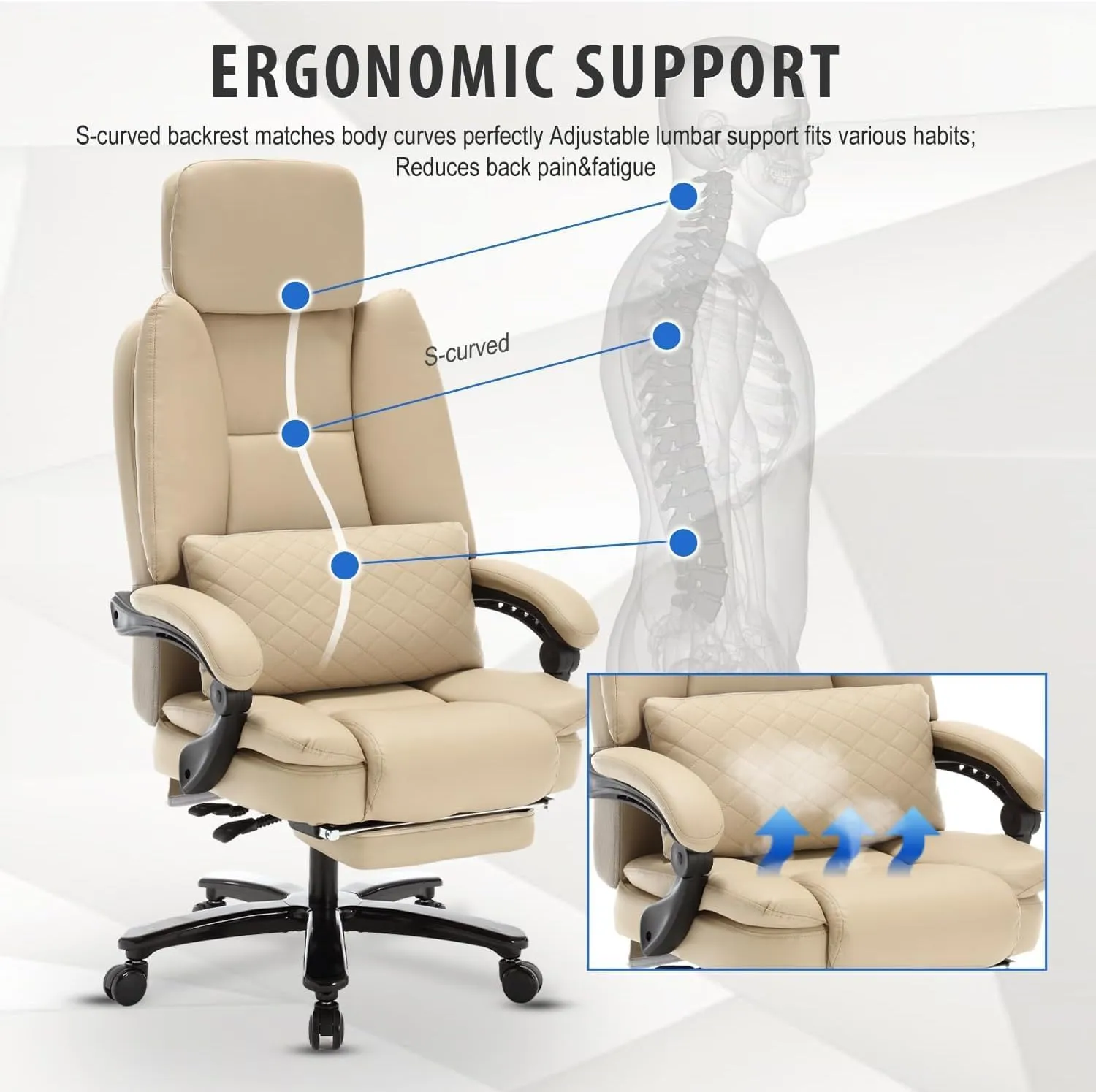 500lbs Big and Tall Reclining Office Desk Chair, Oversized Heavy Duty Executive Chairs with Lumbar Support, PU Leather Recliner Chairs with Footrest, High Back Ergonomic Home Office Desk Chair(Beige)