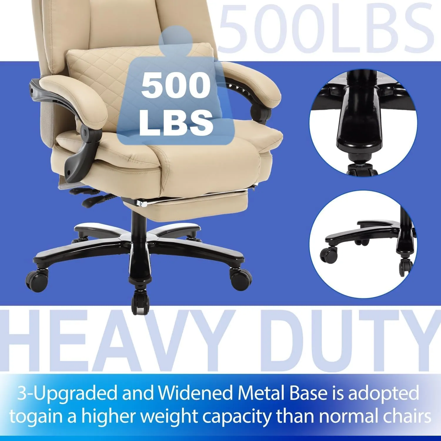 500lbs Big and Tall Reclining Office Desk Chair, Oversized Heavy Duty Executive Chairs with Lumbar Support, PU Leather Recliner Chairs with Footrest, High Back Ergonomic Home Office Desk Chair(Beige)