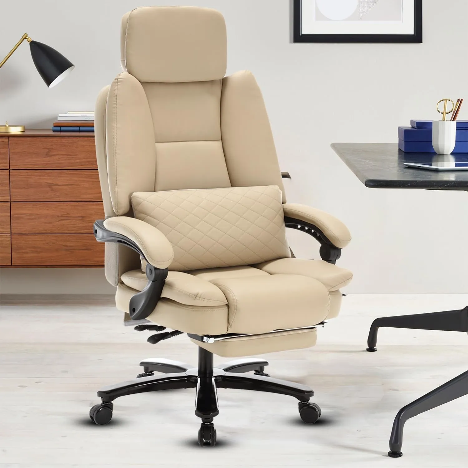 500lbs Big and Tall Reclining Office Desk Chair, Oversized Heavy Duty Executive Chairs with Lumbar Support, PU Leather Recliner Chairs with Footrest, High Back Ergonomic Home Office Desk Chair(Beige)