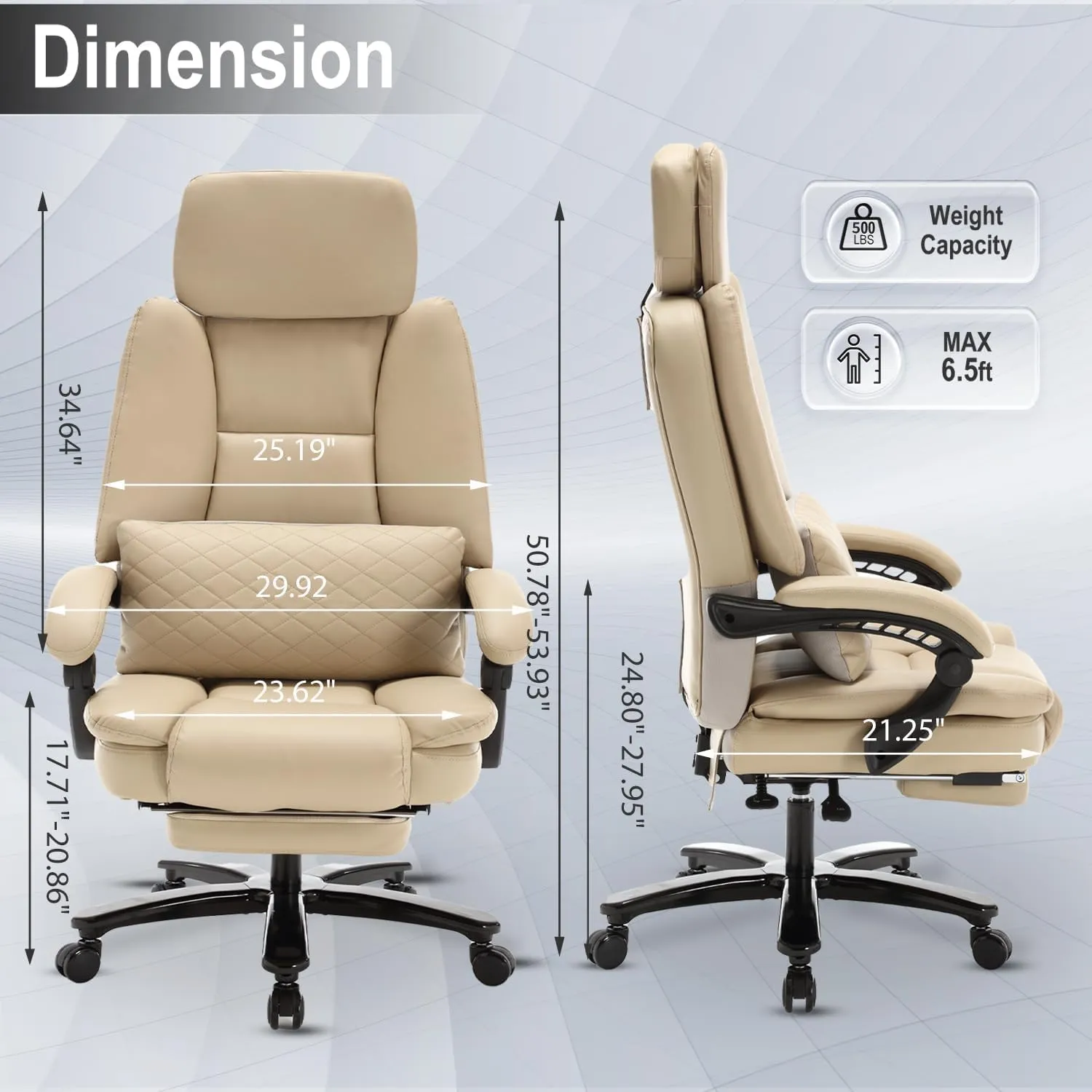 500lbs Big and Tall Reclining Office Desk Chair, Oversized Heavy Duty Executive Chairs with Lumbar Support, PU Leather Recliner Chairs with Footrest, High Back Ergonomic Home Office Desk Chair(Beige)