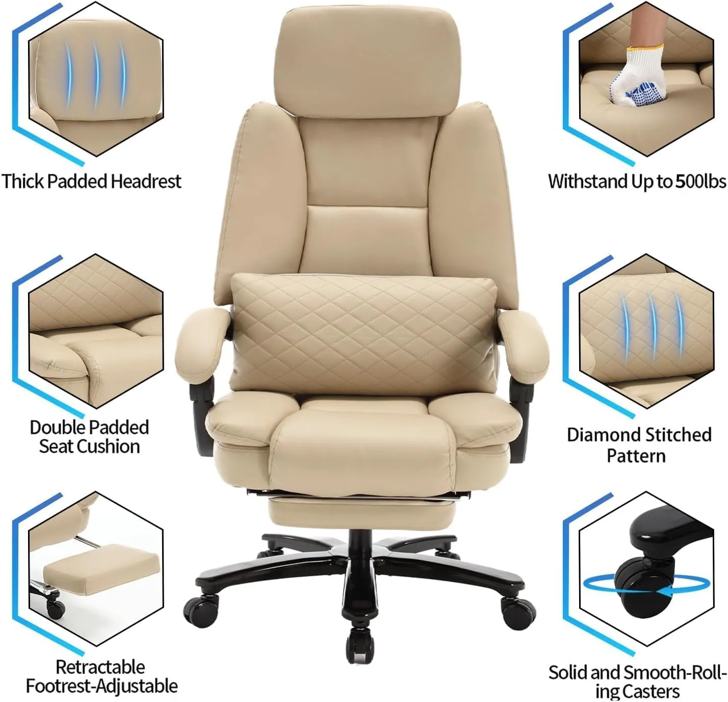 500lbs Big and Tall Reclining Office Desk Chair, Oversized Heavy Duty Executive Chairs with Lumbar Support, PU Leather Recliner Chairs with Footrest, High Back Ergonomic Home Office Desk Chair(Beige)