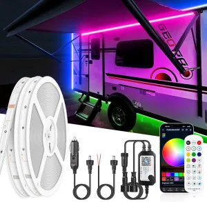 50FT RV Awning Lights Strip, 12V RGB Camper Awning Light App Control, IP67 Waterproof RV LED Lighting Exterior & Interior, Camper Lights for Outside Van, Food Truck, Trailer, Boat (50ft, RGB)