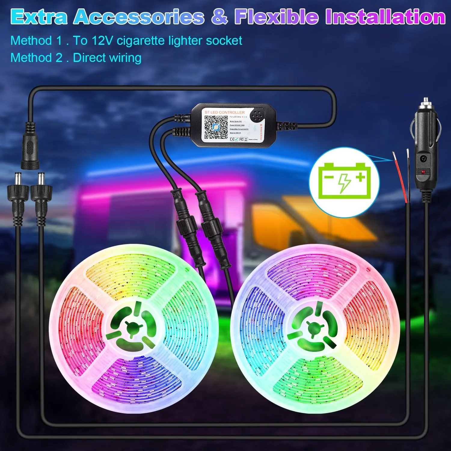 50FT RV Awning Lights Strip, 12V RGB Camper Awning Light App Control, IP67 Waterproof RV LED Lighting Exterior & Interior, Camper Lights for Outside Van, Food Truck, Trailer, Boat (50ft, RGB)