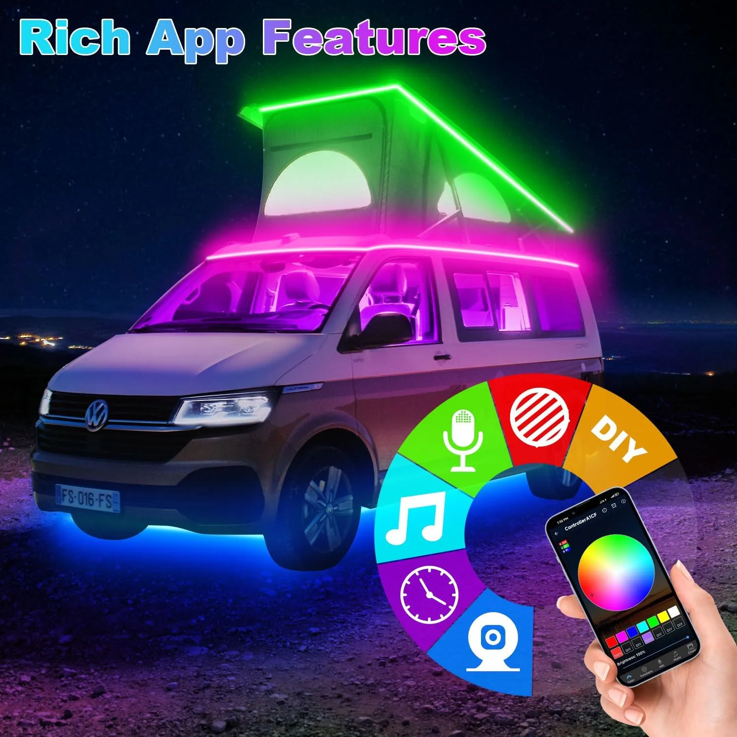 50FT RV Awning Lights Strip, 12V RGB Camper Awning Light App Control, IP67 Waterproof RV LED Lighting Exterior & Interior, Camper Lights for Outside Van, Food Truck, Trailer, Boat (50ft, RGB)