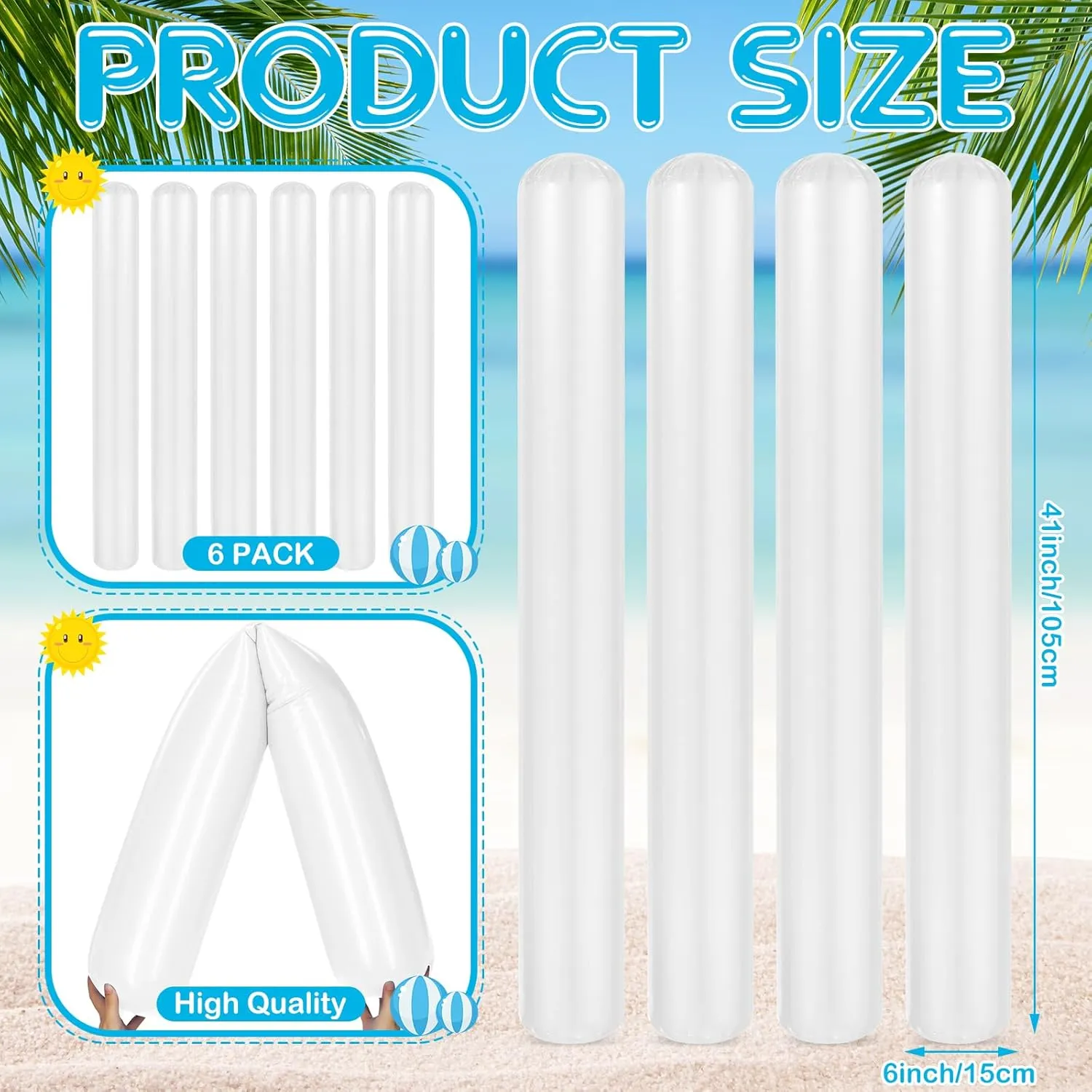 6 Pcs 41.3 Inch Pool Noodles Inflatable Pool Sticks Blow up Swim Noodles Large PVC Toys Float for Summer Beaches Swimming Lake Sports Party(White)