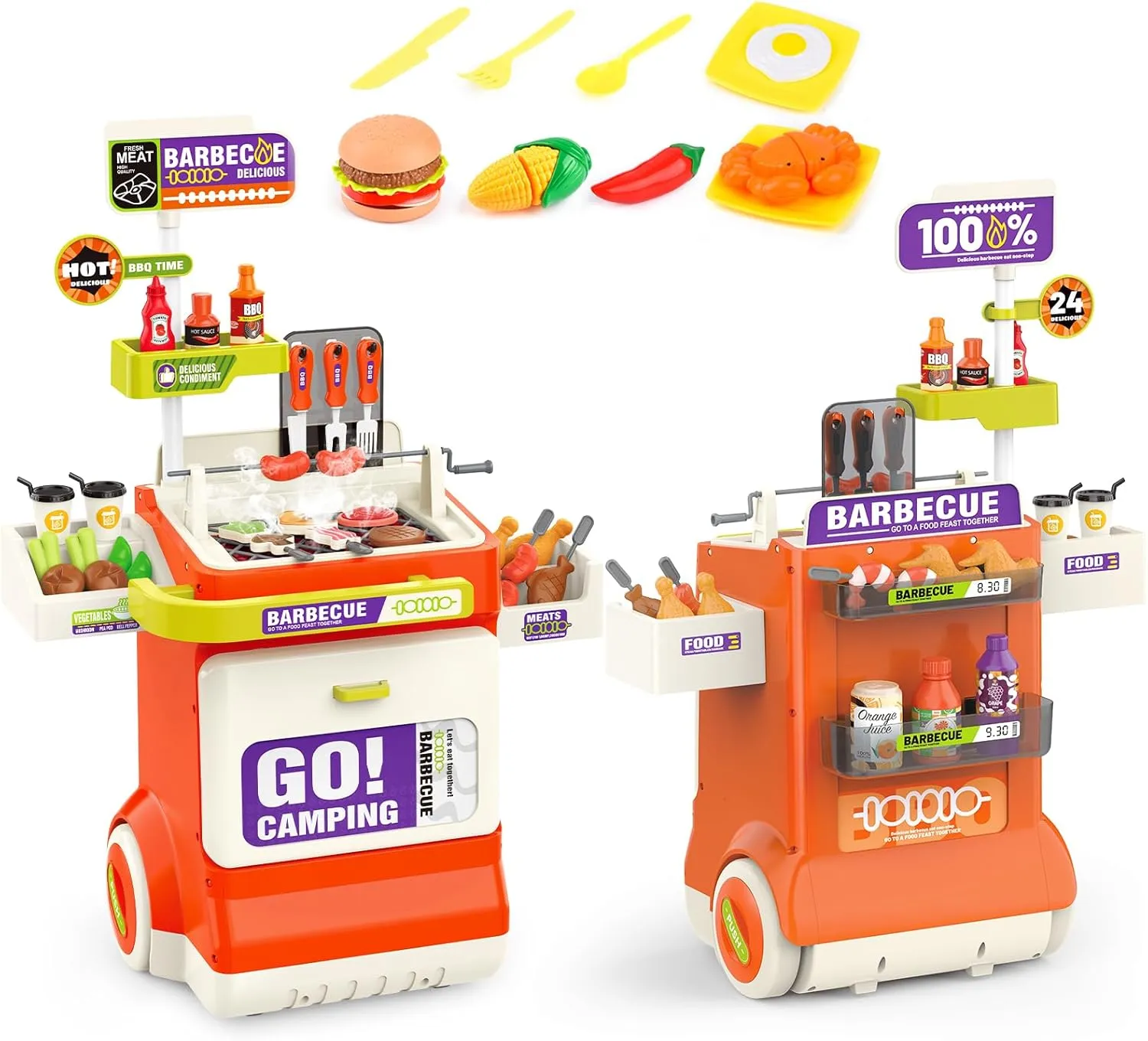 61PCS Kitchen Toys Playset,Kids Barbecue Grill Toy Set with Smoke, Sound& Light, Pretend Play Food BBQ Drill Cooking Game Toys,Indoor&Outdoor Play Grill Cart Toy Gift for Kids Boys Girls (Orange)