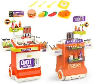 61PCS Kitchen Toys Playset,Kids Barbecue Grill Toy Set with Smoke, Sound& Light, Pretend Play Food BBQ Drill Cooking Game Toys,Indoor&Outdoor Play Grill Cart Toy Gift for Kids Boys Girls (Orange)
