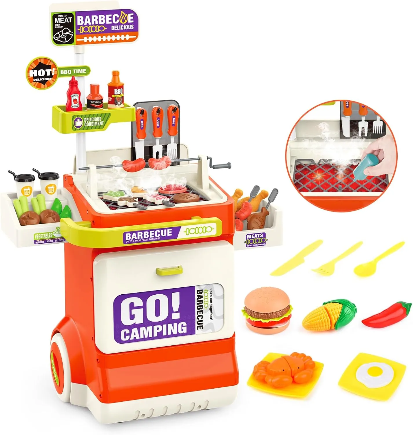 61PCS Kitchen Toys Playset,Kids Barbecue Grill Toy Set with Smoke, Sound& Light, Pretend Play Food BBQ Drill Cooking Game Toys,Indoor&Outdoor Play Grill Cart Toy Gift for Kids Boys Girls (Orange)