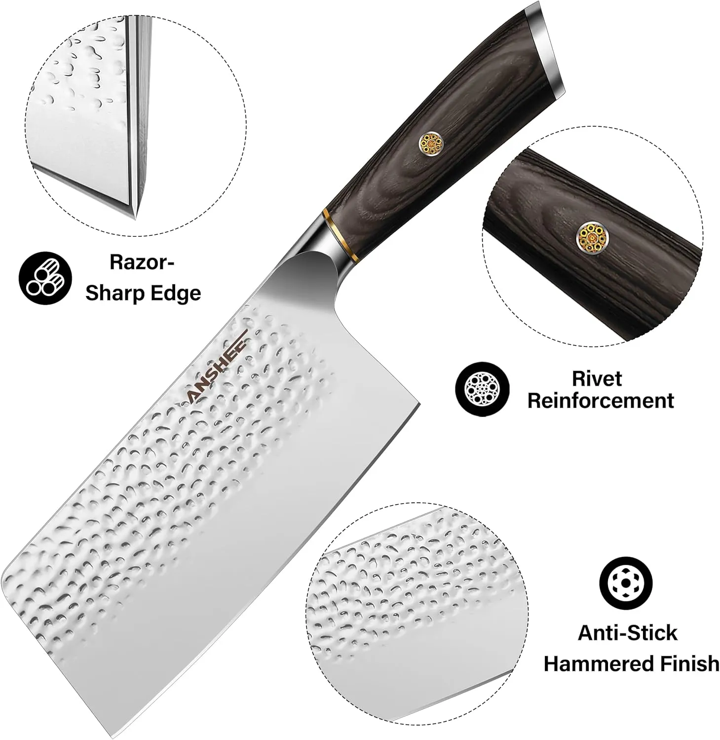 7 Inch Japanese Cleaver Knife - High Carbon Stainless Steel Hammered Anti-Stick Blade, Ultra Sharp Meat & Vegetable Chinese Cleaver with Wood Handle & Sheath/Gift Box (Home & Restaurant Use)