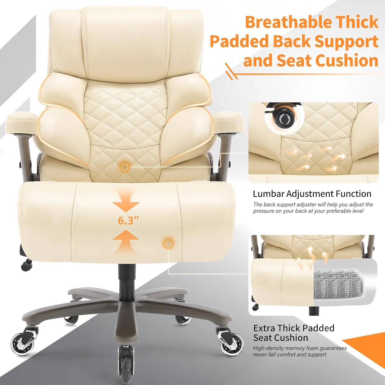 700lbs Big and Tall Office Chair-Large Computer Chair with Adjustable Lumbar Support 3D Flip Arms Plus Size Wheels, High Back Executive Desk Chair, Heavy Duty Metal Base, Thick Padded Wide Seat