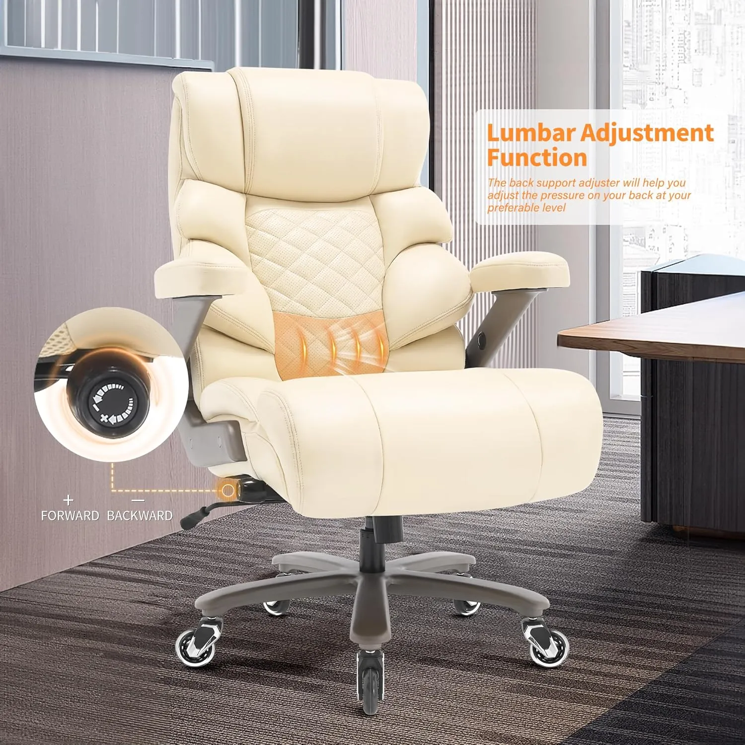 700lbs Big and Tall Office Chair-Large Computer Chair with Adjustable Lumbar Support 3D Flip Arms Plus Size Wheels, High Back Executive Desk Chair, Heavy Duty Metal Base, Thick Padded Wide Seat