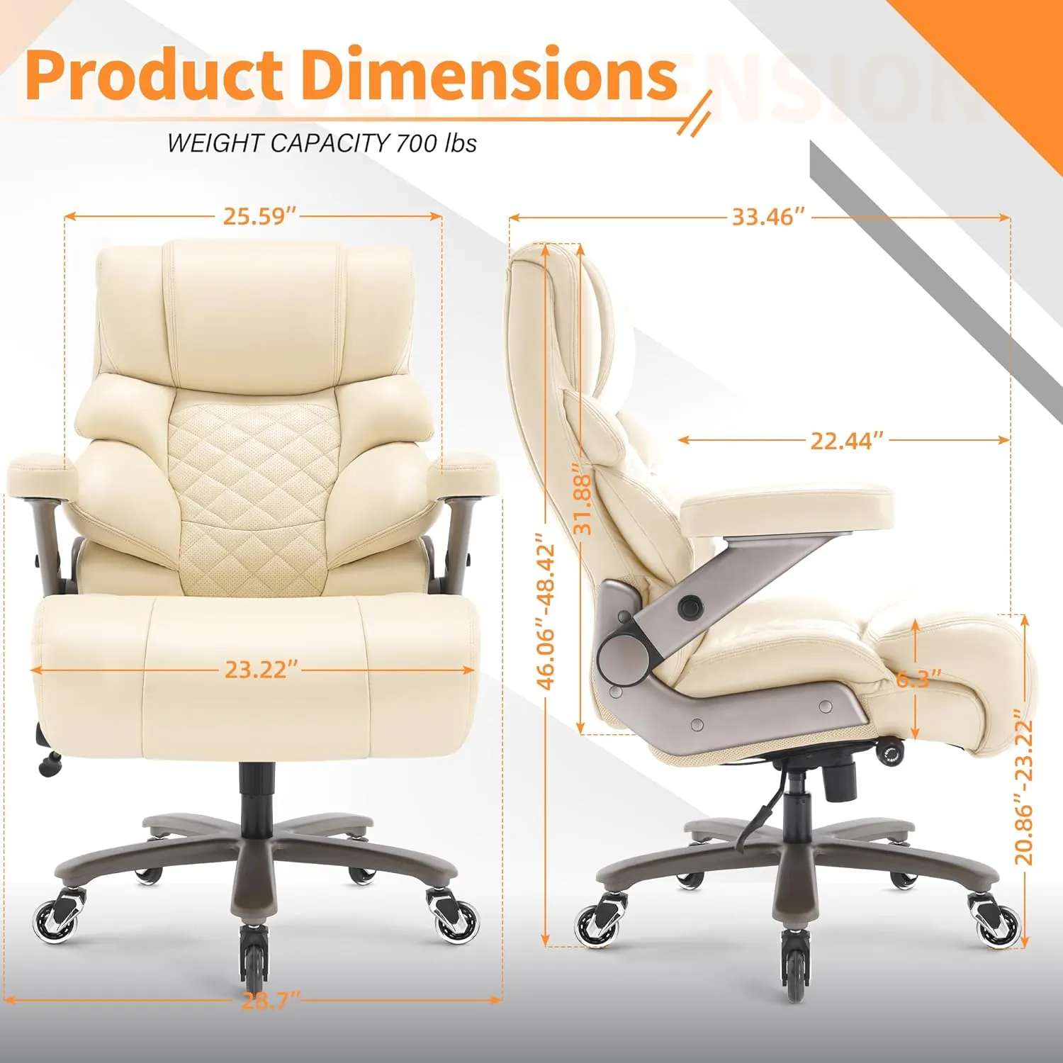 700lbs Big and Tall Office Chair-Large Computer Chair with Adjustable Lumbar Support 3D Flip Arms Plus Size Wheels, High Back Executive Desk Chair, Heavy Duty Metal Base, Thick Padded Wide Seat